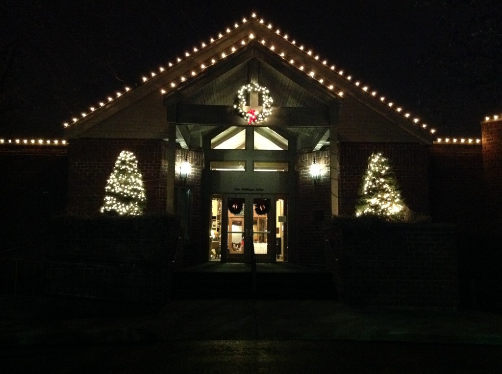 front of clubhouse decorated for the holidays